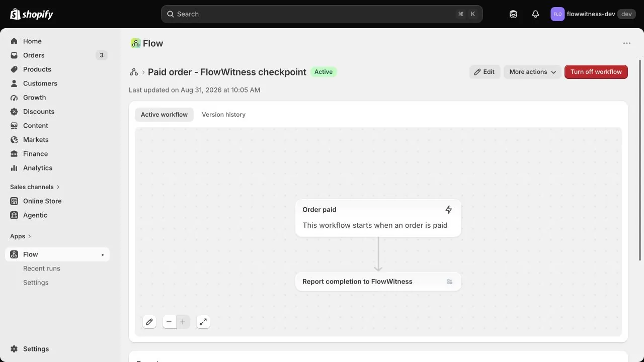 Shopify Flow workflow with Order paid and Report completion to FlowWitness