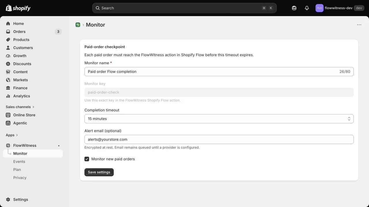 FlowWitness Monitor page with timeout and alert email settings